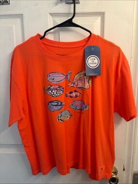 Life Is Good Orange Tee with Colorful Fish Illustration